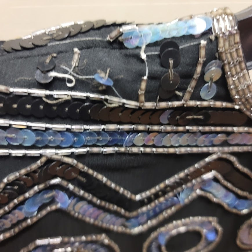 Lawrence Kazar MEDIUM Sequined Shiny Metallic Blue Geometric Blouse keyhole Top