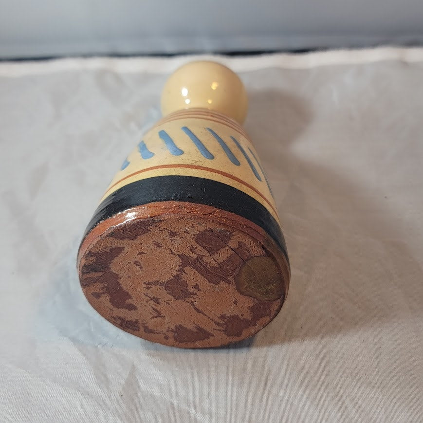 Vintage handmade vase tapered blue rust cream 6" tall