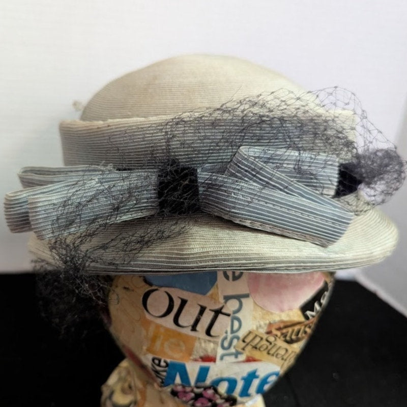 Vintage 40s 50s The Rhodes Hat Pale Blue Grey Pillbox Birdcage Veil Bow