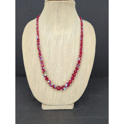 Vintage Red Aurora Borealis Crystal Beaded Strand Necklace Mid-Century Glam