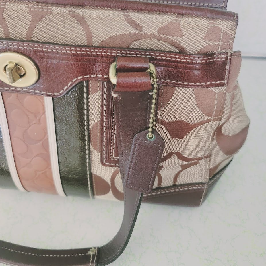 Coach Signature Stripe Gallery Tote Satchel Bag Brown Canvas Leather Trim Y2K