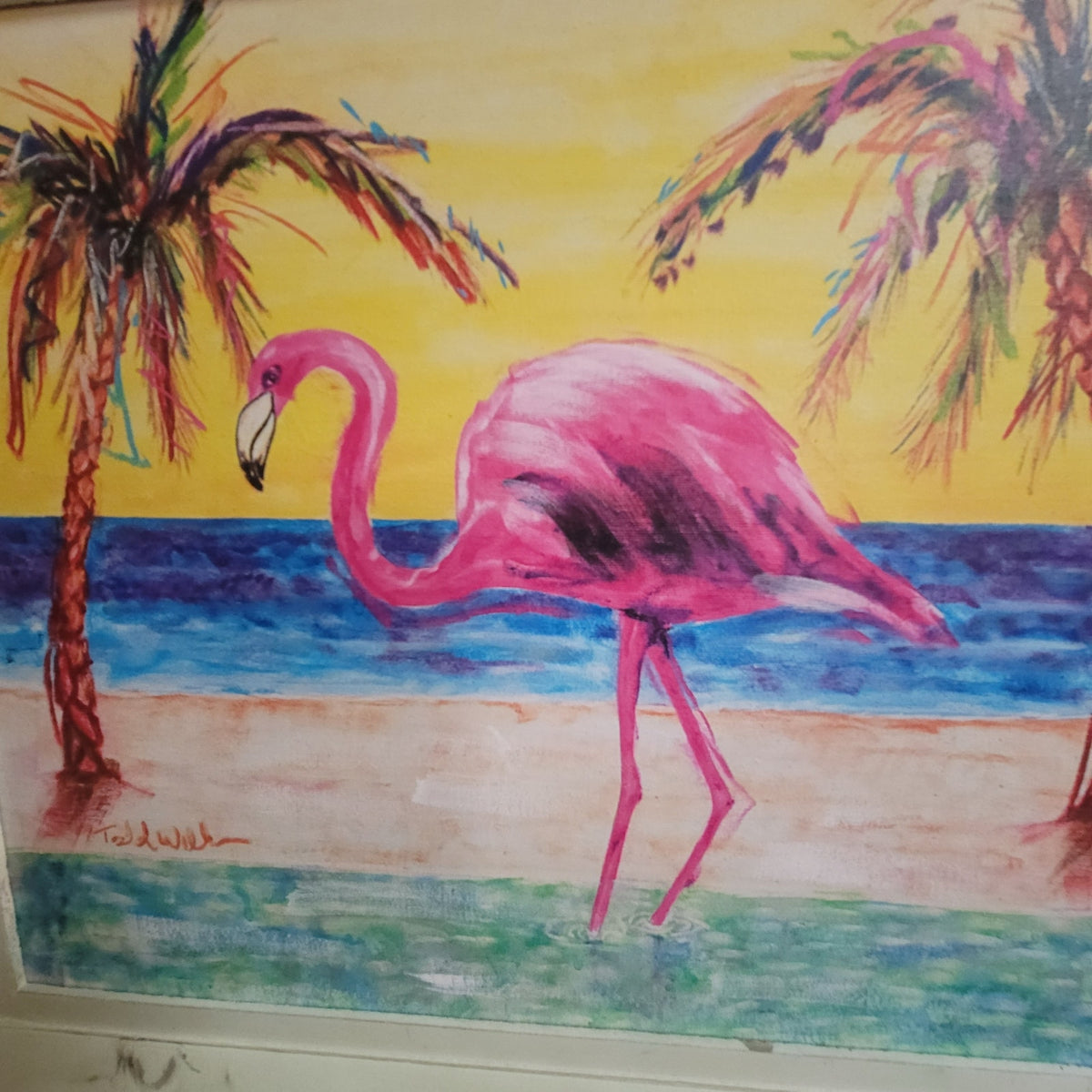 handpainted Todd Wilkens Flamingo Beach Art Painting