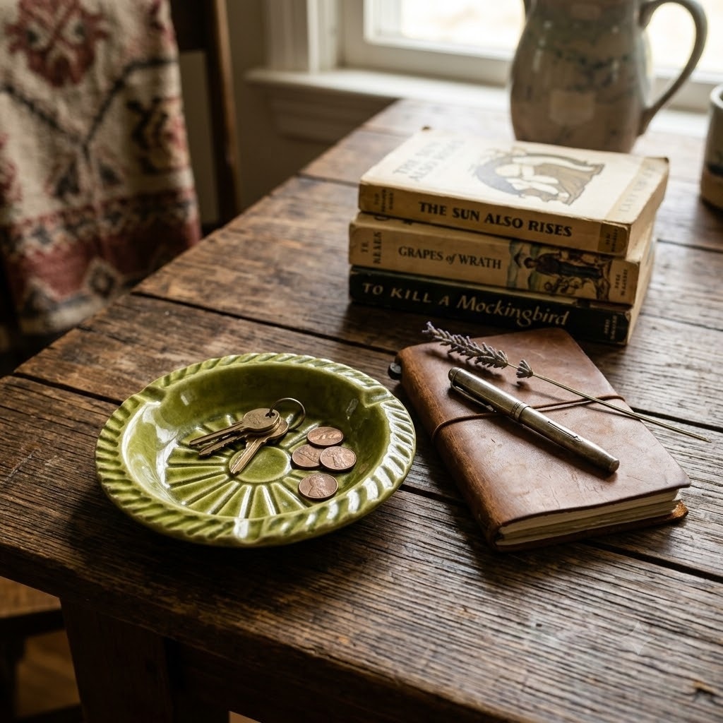 Vintage Olive Green Ceramic Sunburst Ashtray / Coin Dish