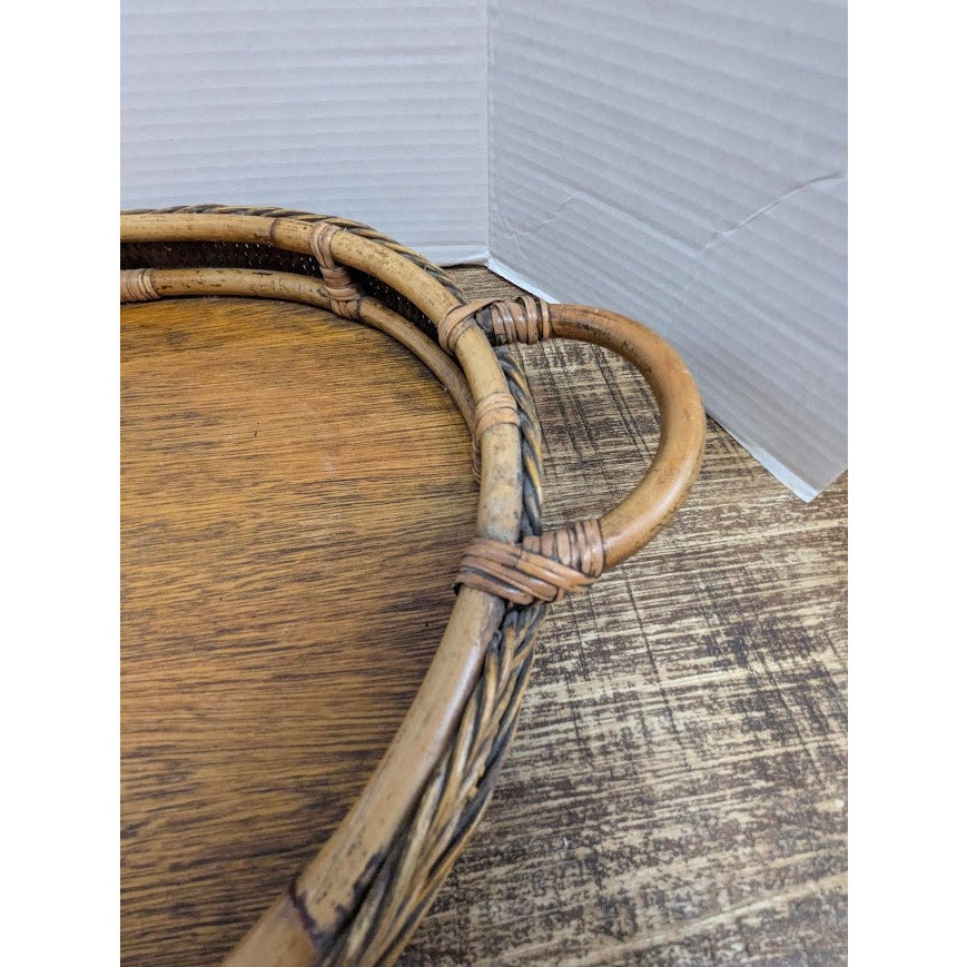 Vintage Rattan and Wicker Oval Serving Tray with Woven Trim and Handles