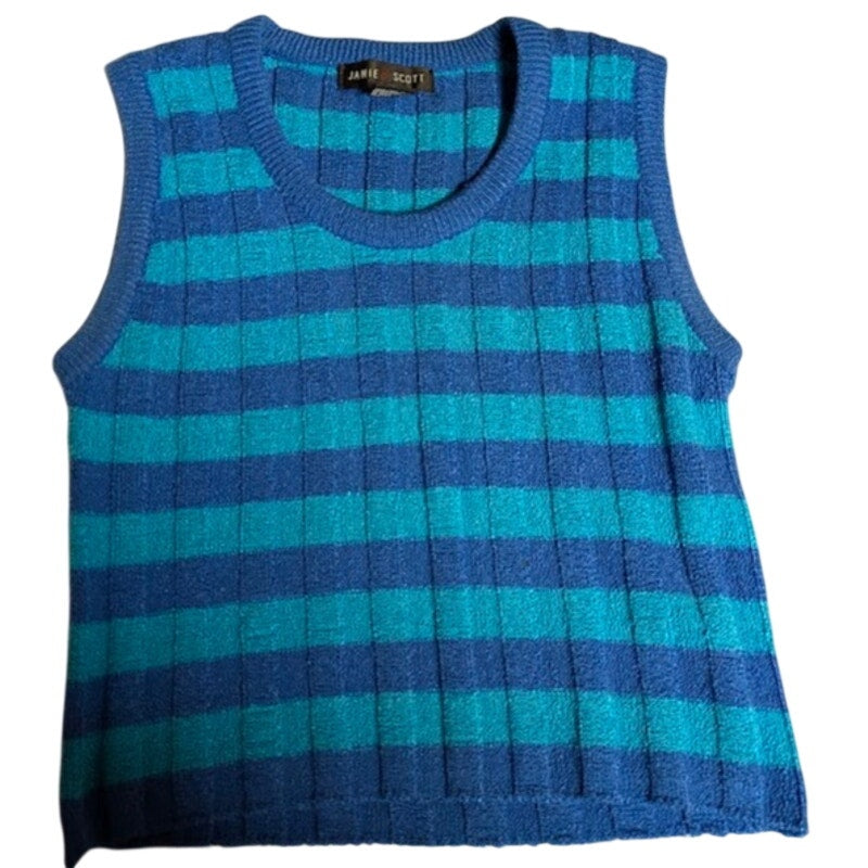 Jamie Scott knit Large Blue Teal striped Sleeveless Sweater top preppy 90s Mod