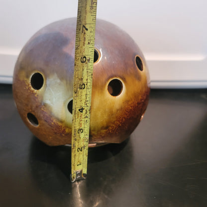 Vintage Ikebana vase orb sphere Ceramic brown glaze Approx. 7" Art Pottery