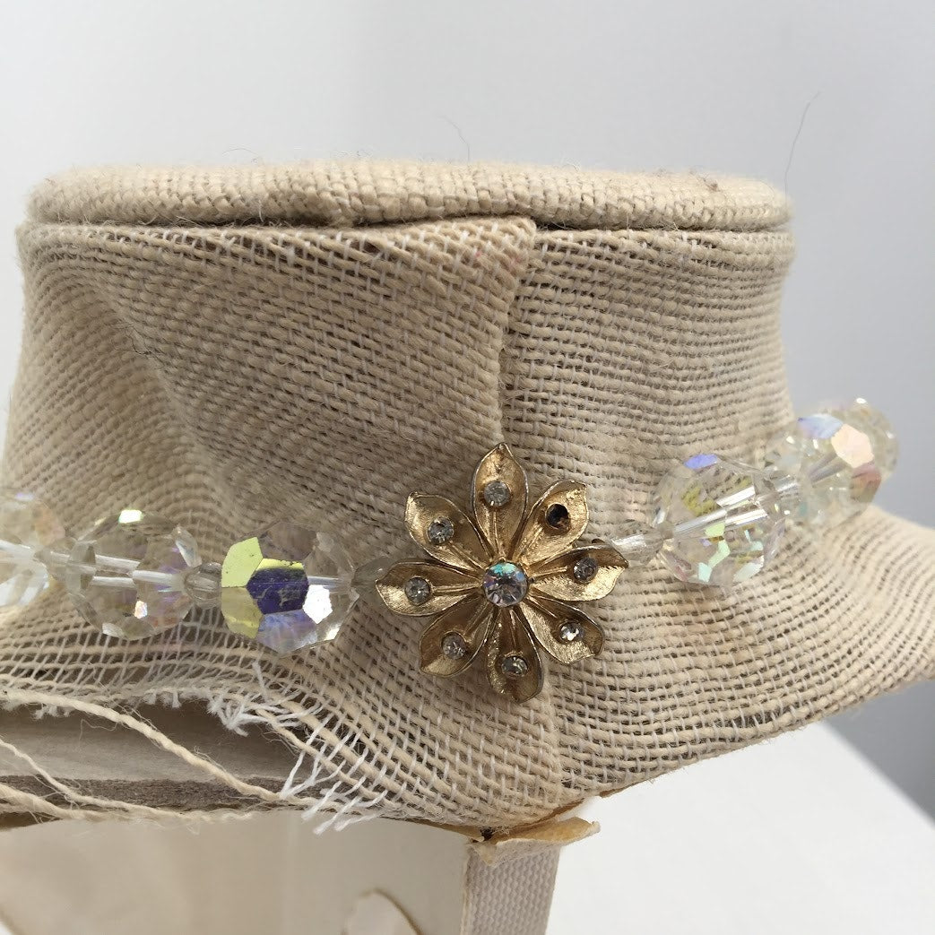 Vintage Aurora Borealis Glass Crystal Bead Necklace Facet goldtone flower clasp