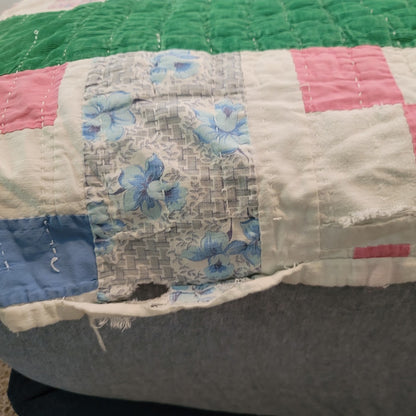 Handmade Quilt 72"x70" greens need repairs PATCHWORK FARMHOUSE cabin VINTAGE