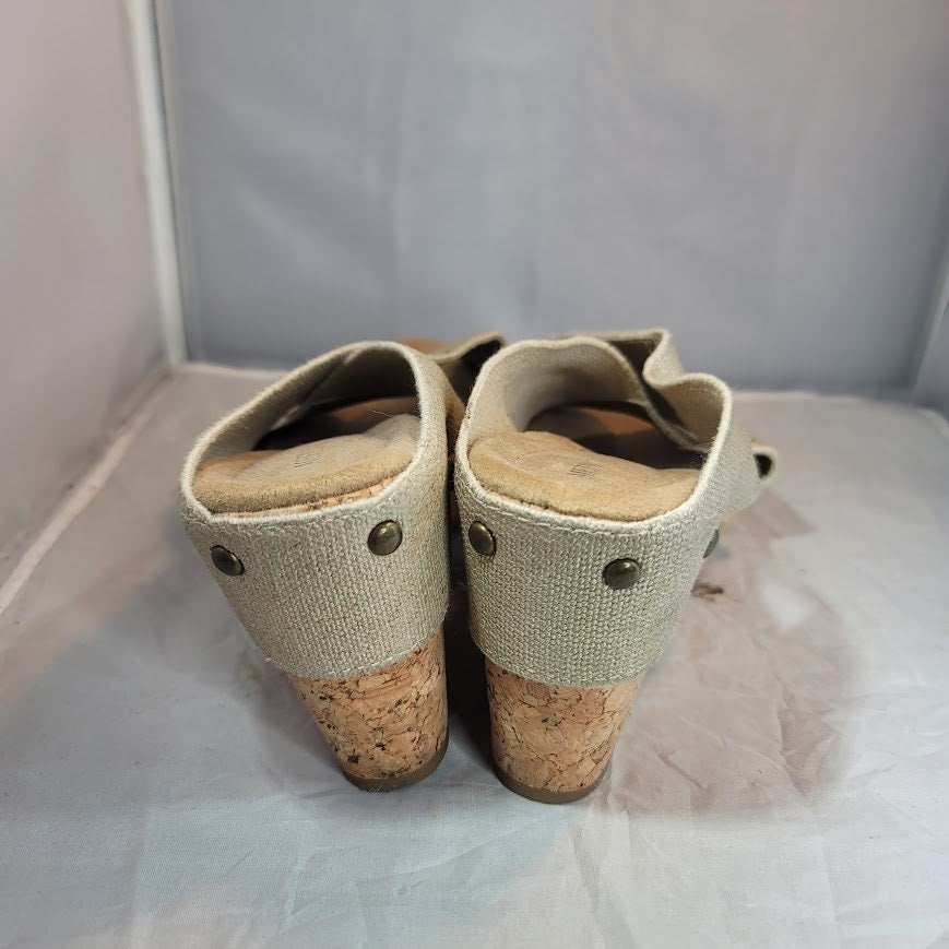 Merona Sandals Womens 9.5 Platform Beige Fabric Slip On Wedge Cork Heels Casual
