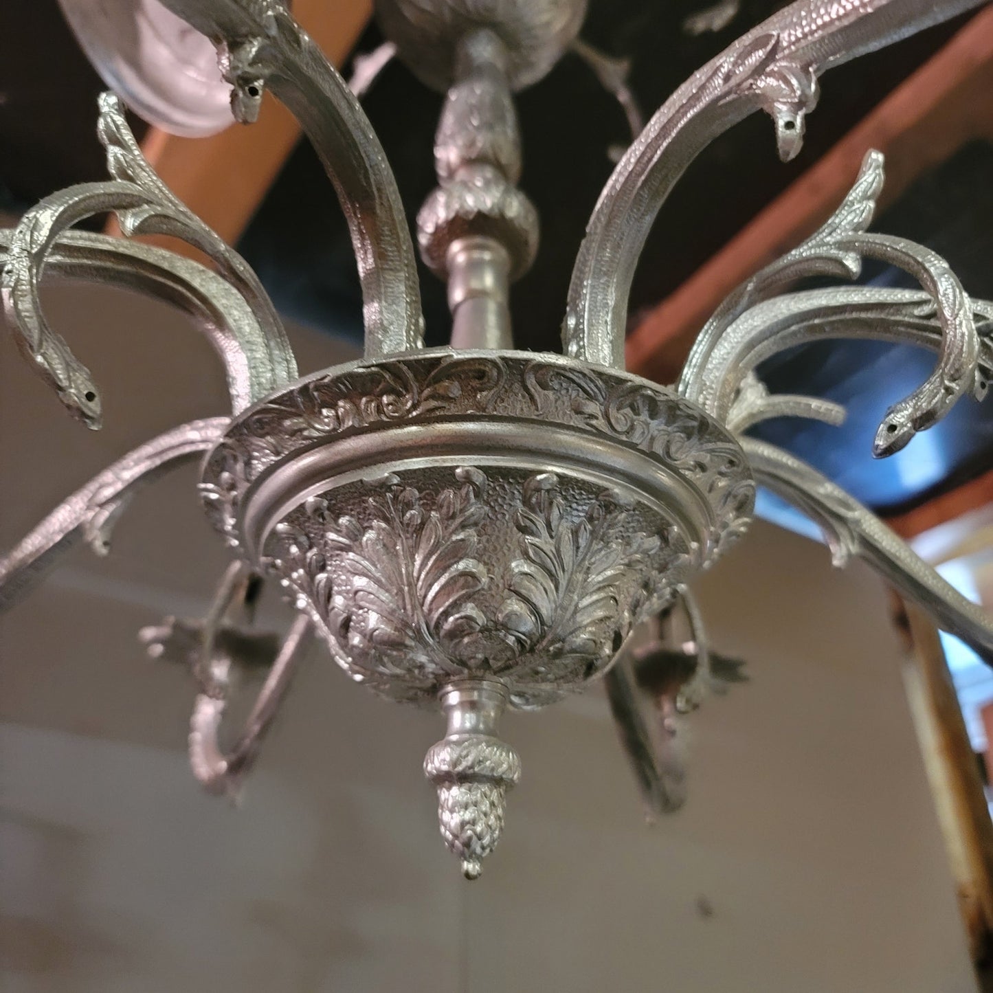 Vintage 8 light brass Chandelier Ornate French Style Hanging Lamp 24" x 20"
