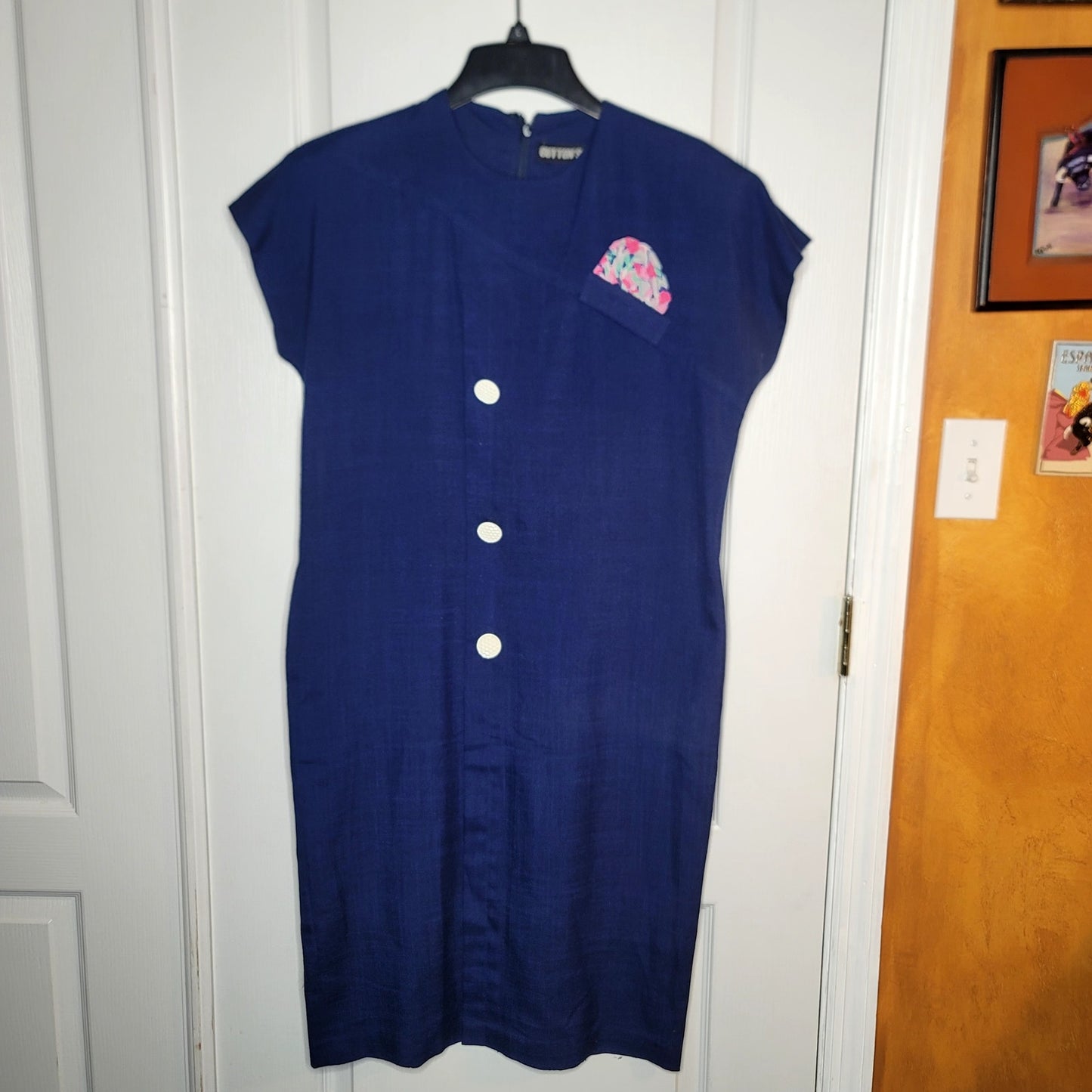 Vintage 80s linen Sheath dress Blue shoulder pads Large Pocket square cap sleeve