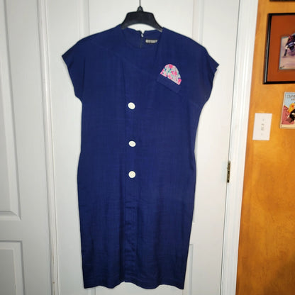 Vintage 80s linen Sheath dress Blue shoulder pads Large Pocket square cap sleeve