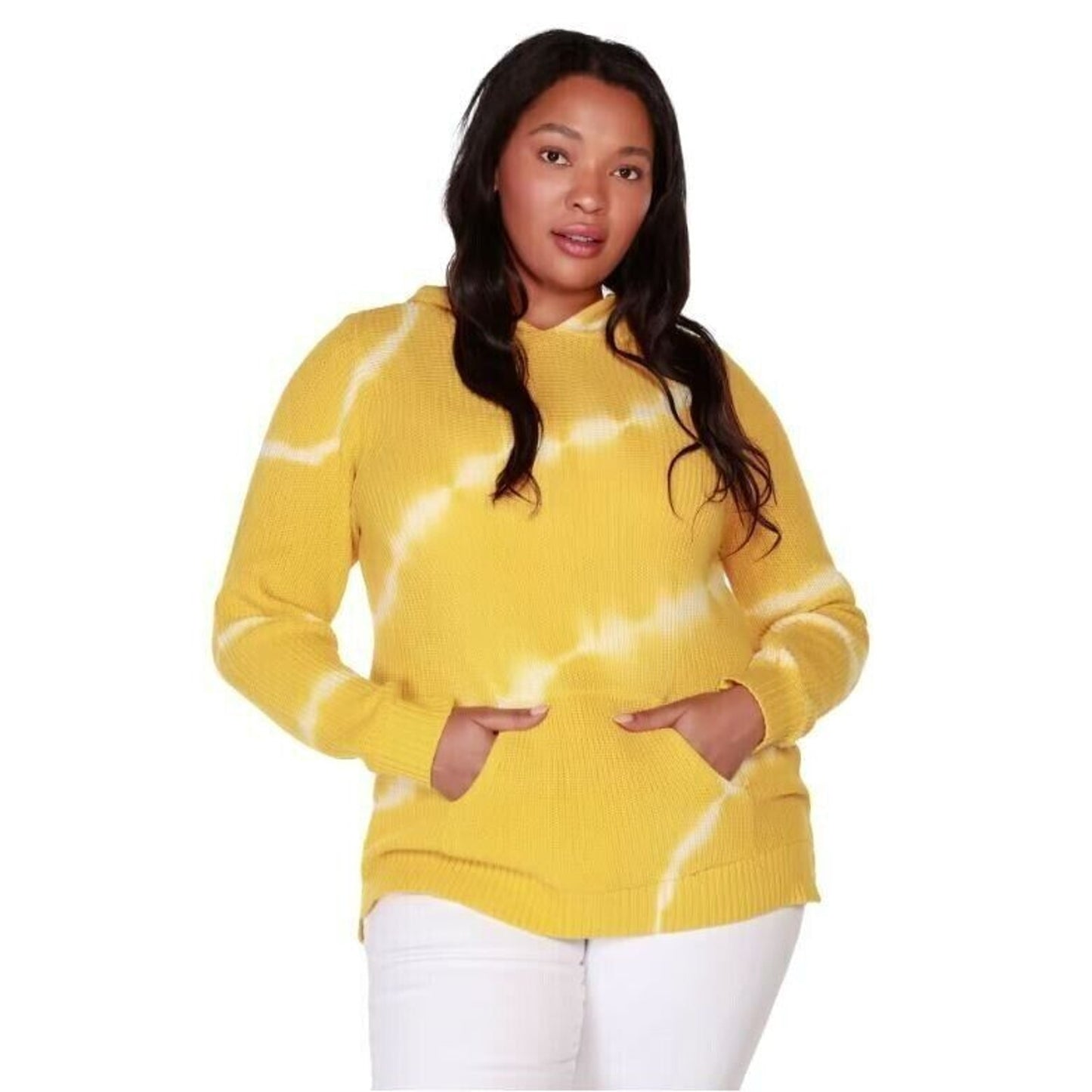 Belle Belldini Gracie Hooded Tie Dye Knit Sweater SMALL YELLOW Honey Gold NWT