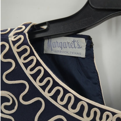 Margaret's Lubbock Texas Dress cinched waist Navy Soutache Church Wedding