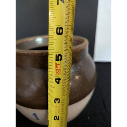 Vintage Stoneware Bean pot stews glazed finish handle brown cream 1 Quart