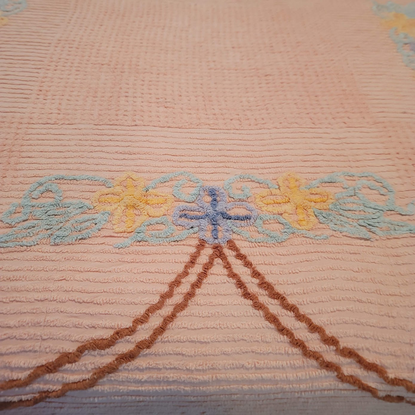 VINTAGE chenille queen coverlet flowers bedspread blanket Peach Blue Yellow