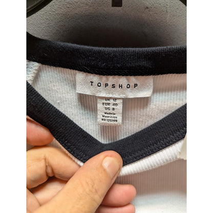 Topshop Fresh White Slash Blue trim  Crop Tee US Size 8 y2K ribbed short sleeve