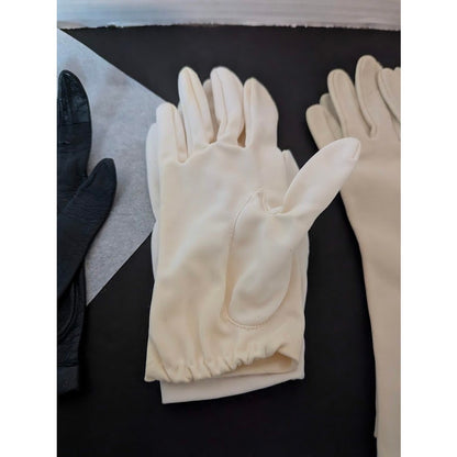 3 pairs of ladies gloves Brown Leather, White Cloth, Cream Mid Length Size Small