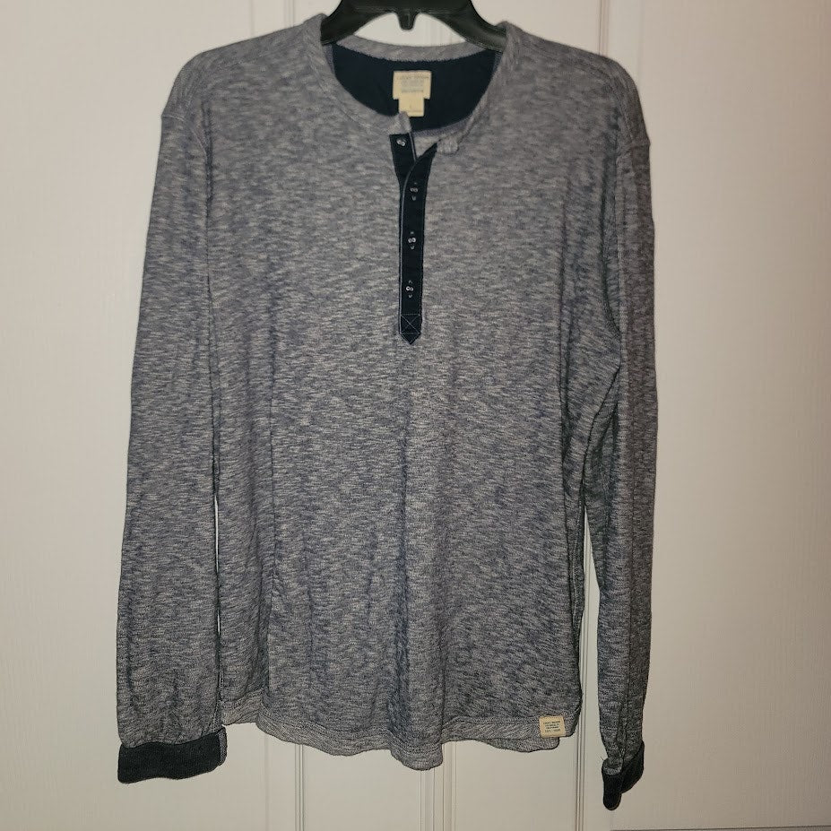 Lucky Brand Men's Blue Marled Henley Long Sleeve Shirt Large Contrast Placket
