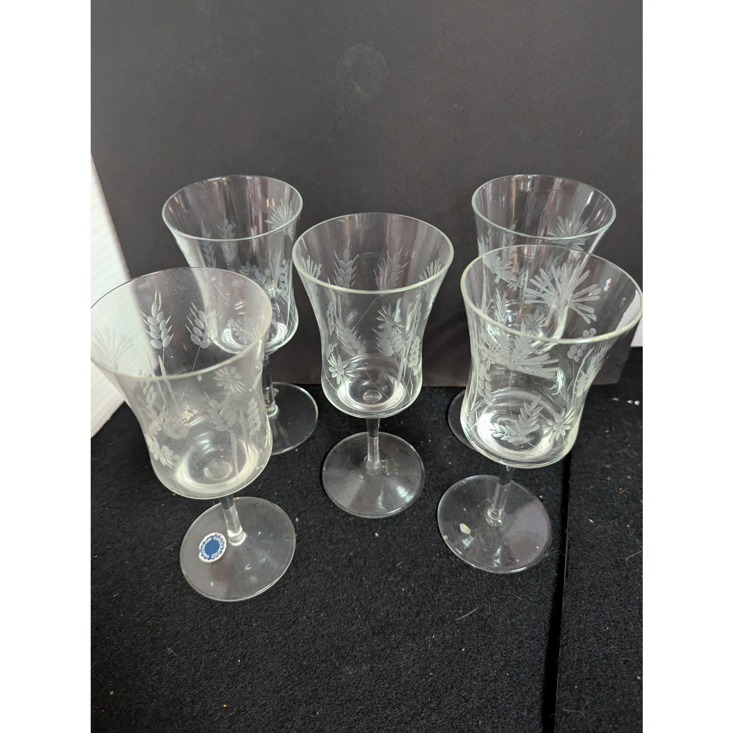 Vintage Handcrafted Romanian Etched Crystal Wine Glasses Floral Stemware Set 5