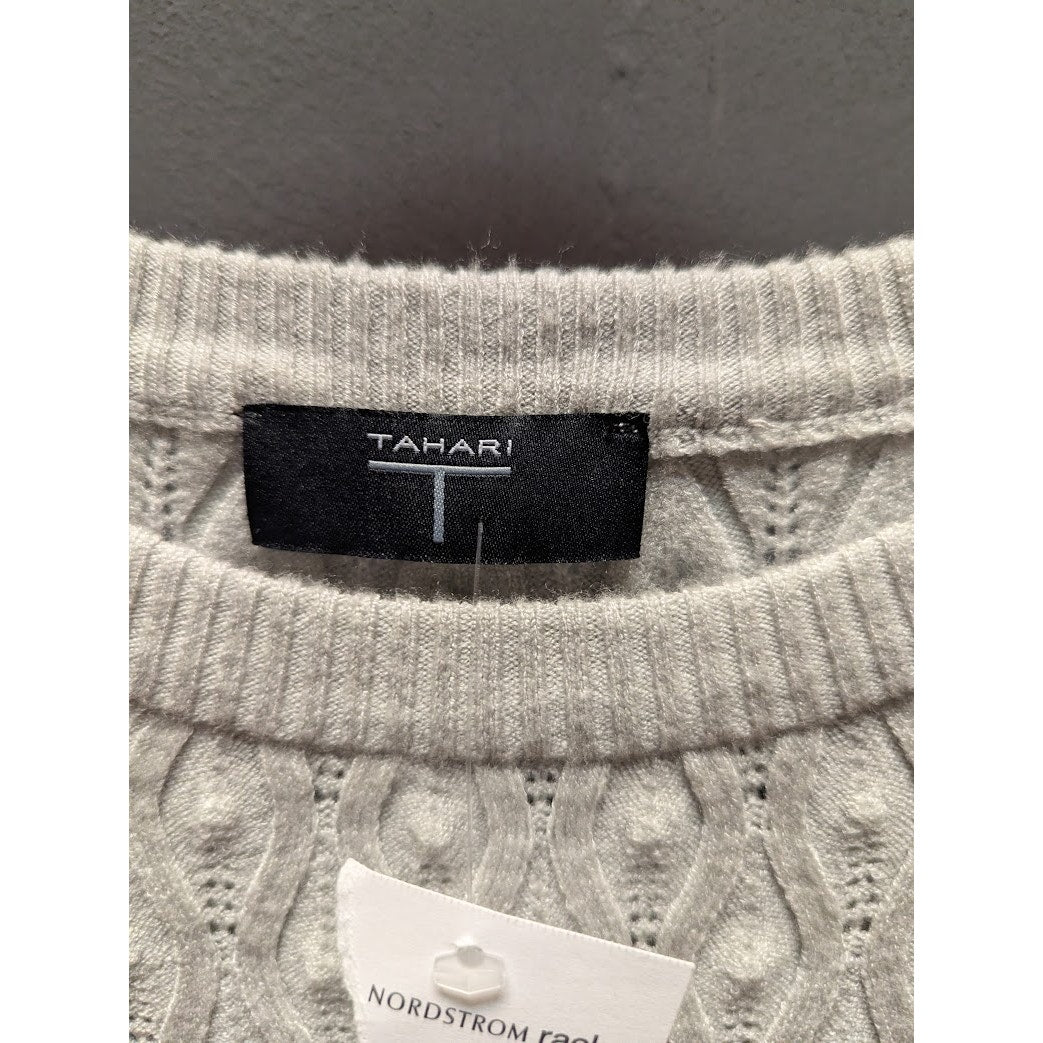 T. Tahari sweater crew neck long sleeve weave chain Oatmeal ribbed hem MEDIUM