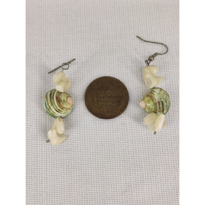 Vintage Natural Seashell & Green Abalone Dangle Beach Earrings