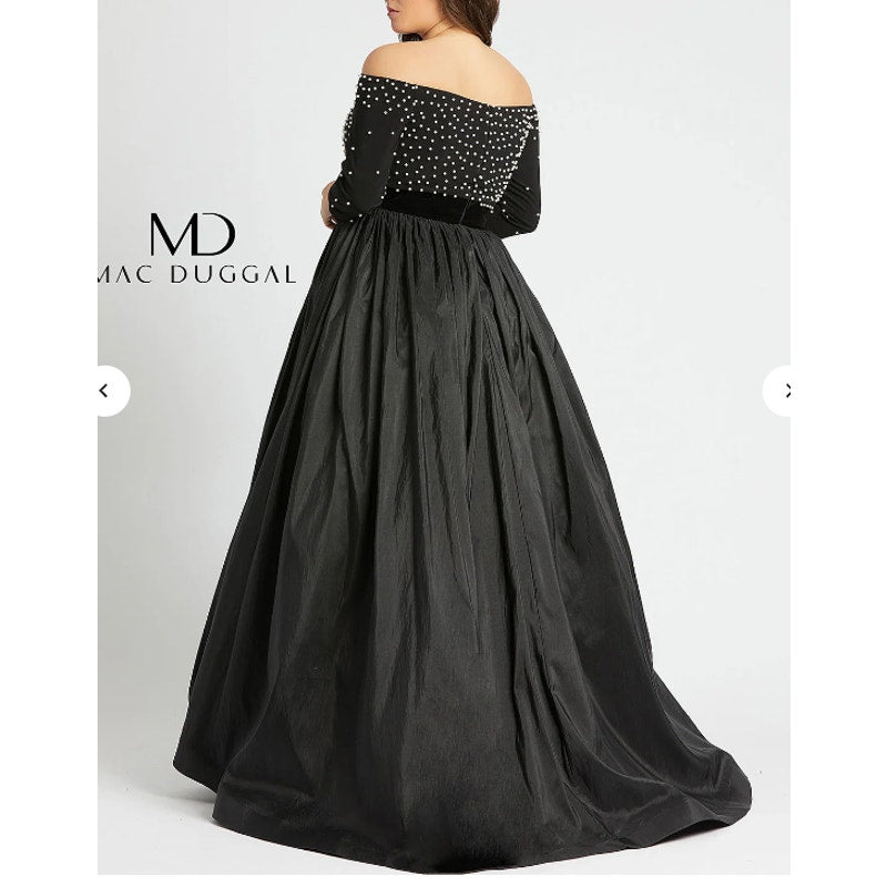 Mac Duggal 66814F Black Formal Gown Size 14W Pearl Detail NEW velvet waist pouf