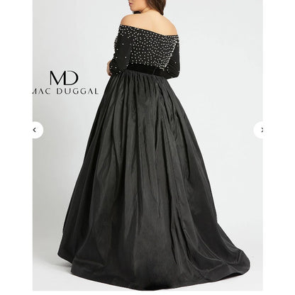 Mac Duggal 66814F Black Formal Gown Size 14W Pearl Detail NEW velvet waist pouf
