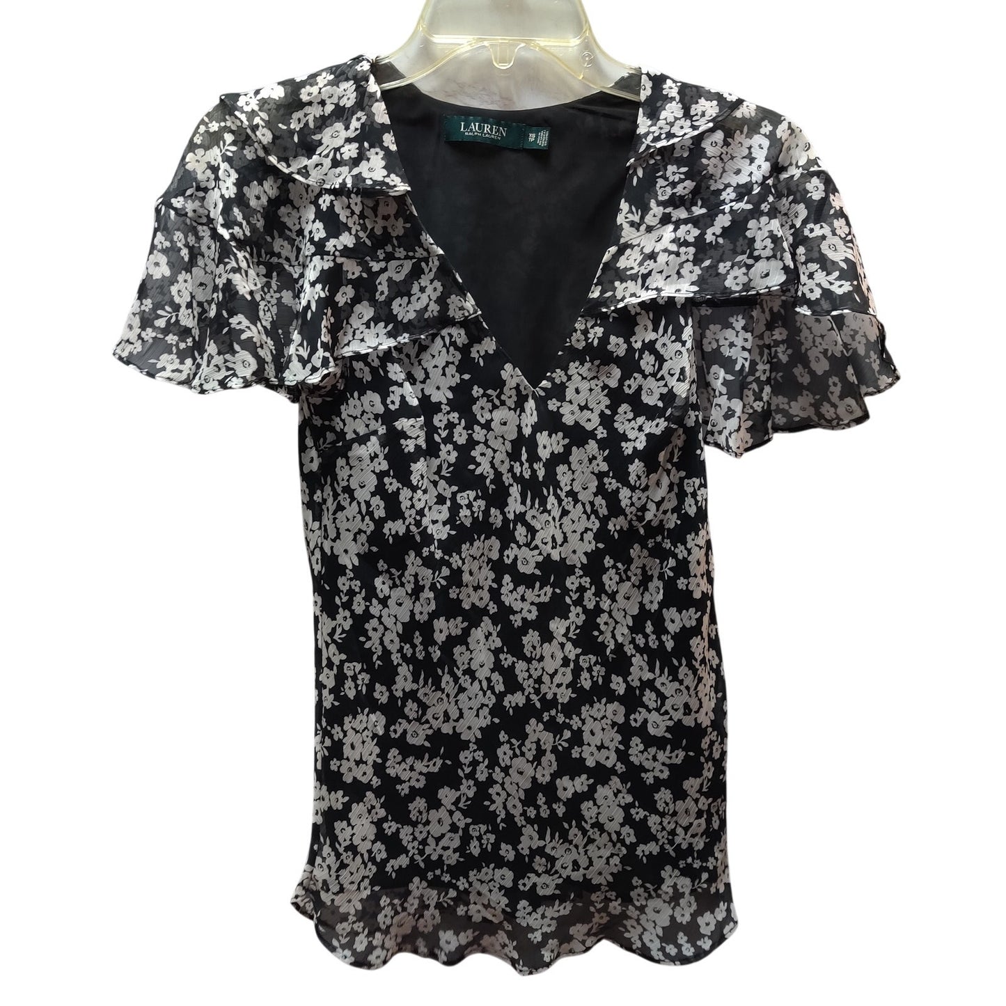 Lauren Ralph Lauren Floral Flutter Sleeve V Neck Blouse Black White Chiffon XS