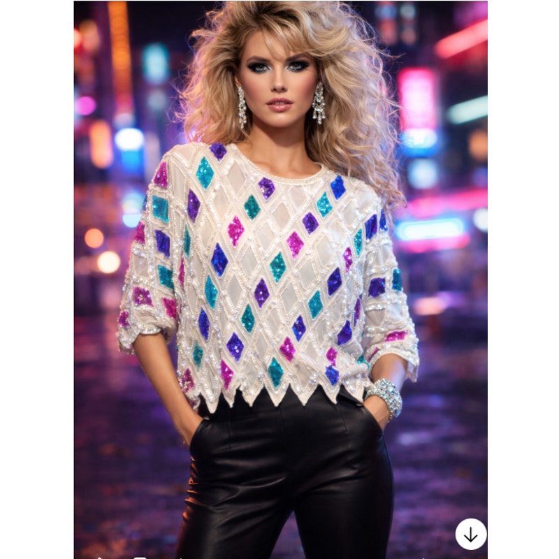 Candlelight Size Medium 80s Glam White Sequin Beaded Top silk Multicolor Diamond