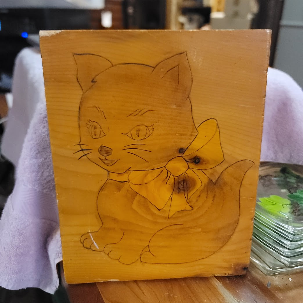 Vintage Pyrography Wood Burning Cat Plaque Wall Art Kitsch Folk Art Etching