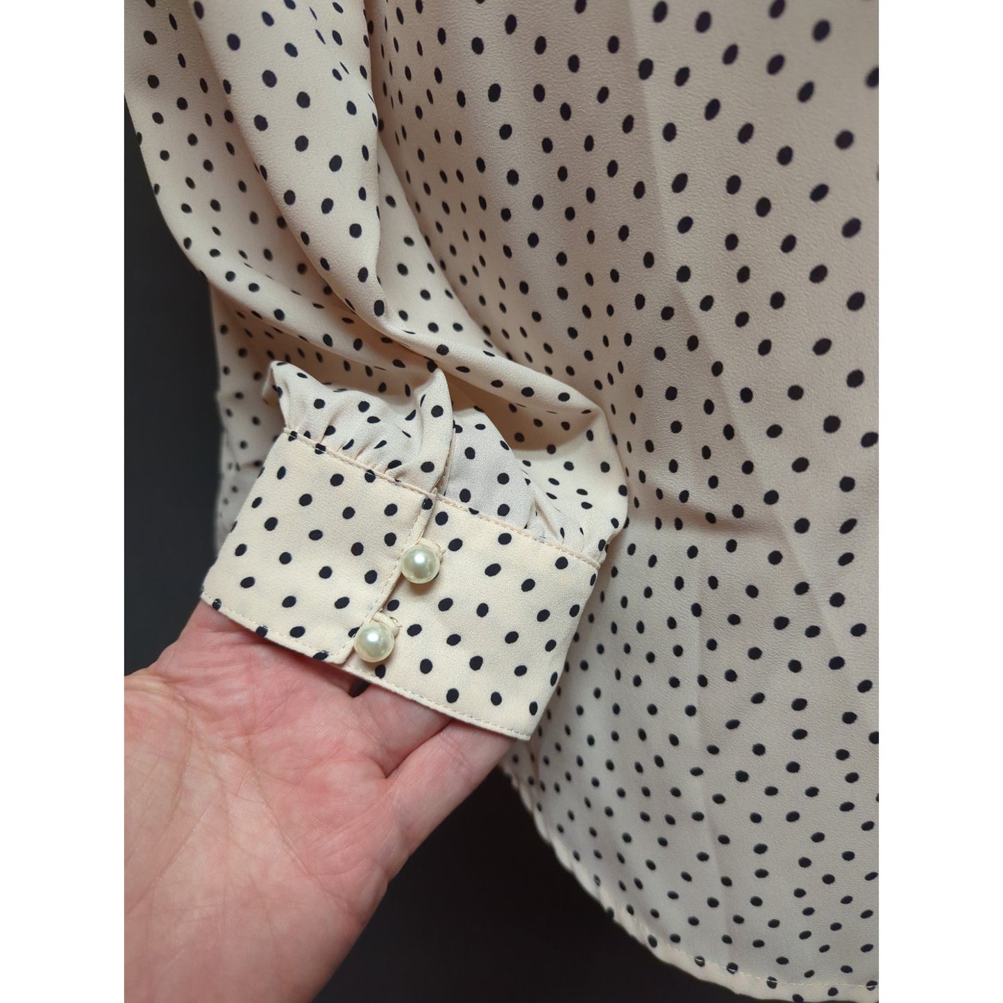 Karl Lagerfeld Pink black Polka Dot Faux Pearl Button Blouse Small Vintage