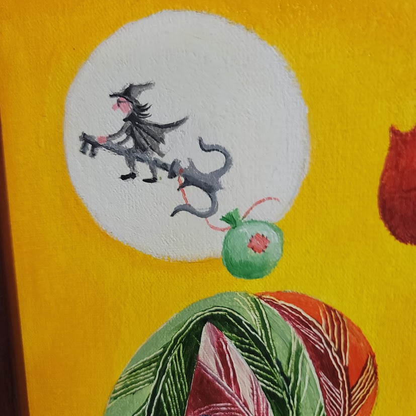 Hand painted Vibrant FOLKART Rooster w/ a runaway witch and broom Key Folk Gallo