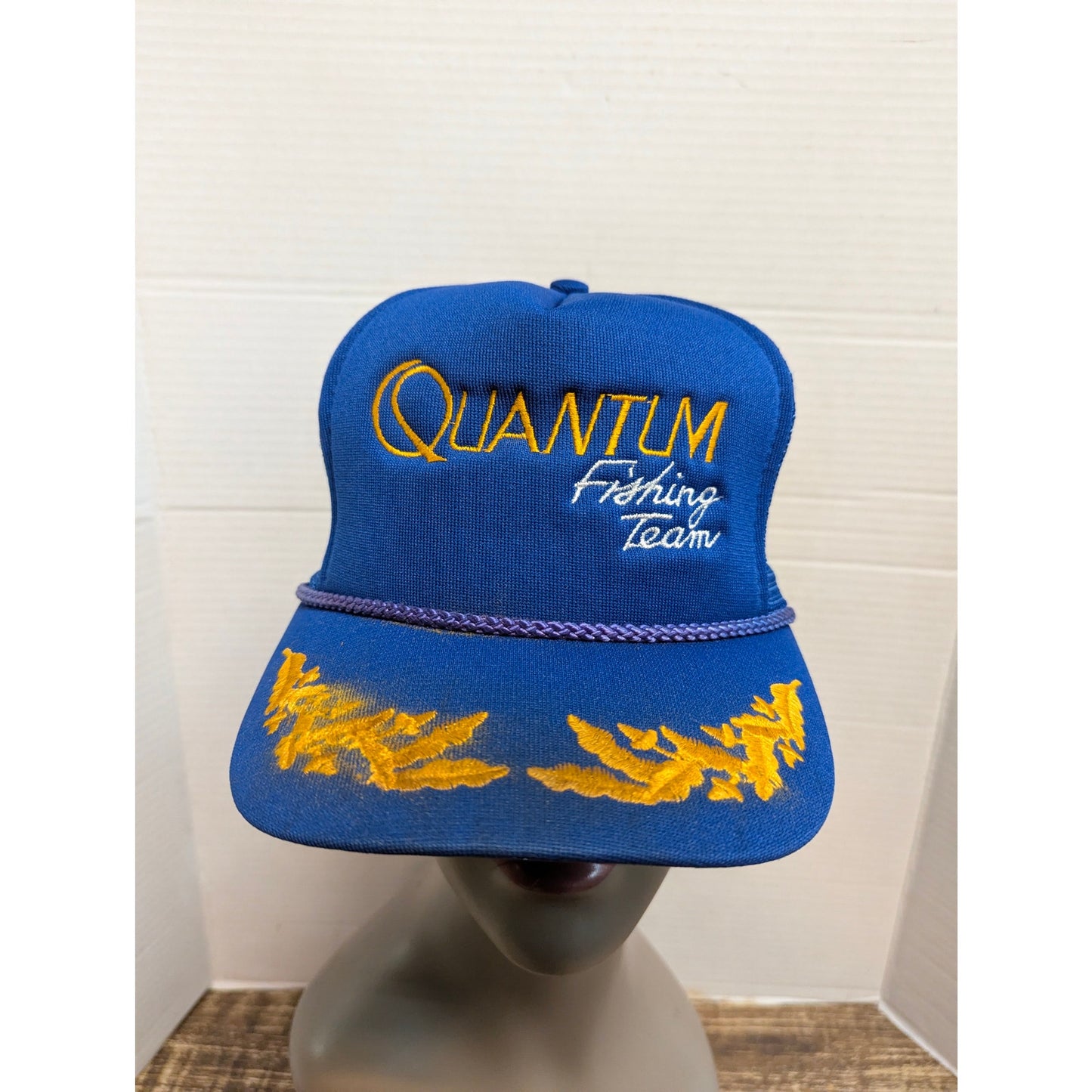 Vintage Quantum Fishing Tackle Blue Mesh Trucker Snapback Hat Retro Y2K