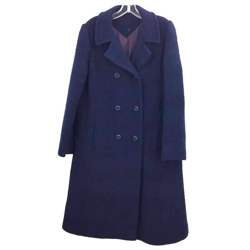 Vintage Dark Blue Full Length Coat Jacket Button Up Textured Medium/Large Trench