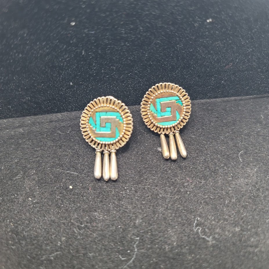 Modernist Mexico Sterling Silver Turquoise Geometric Sunburst Earring Taxco Sol