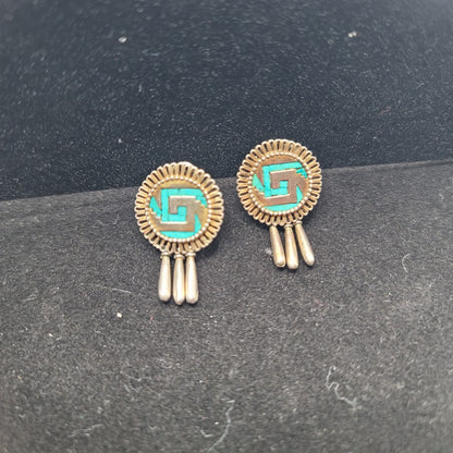 Modernist Mexico Sterling Silver Turquoise Geometric Sunburst Earring Taxco Sol