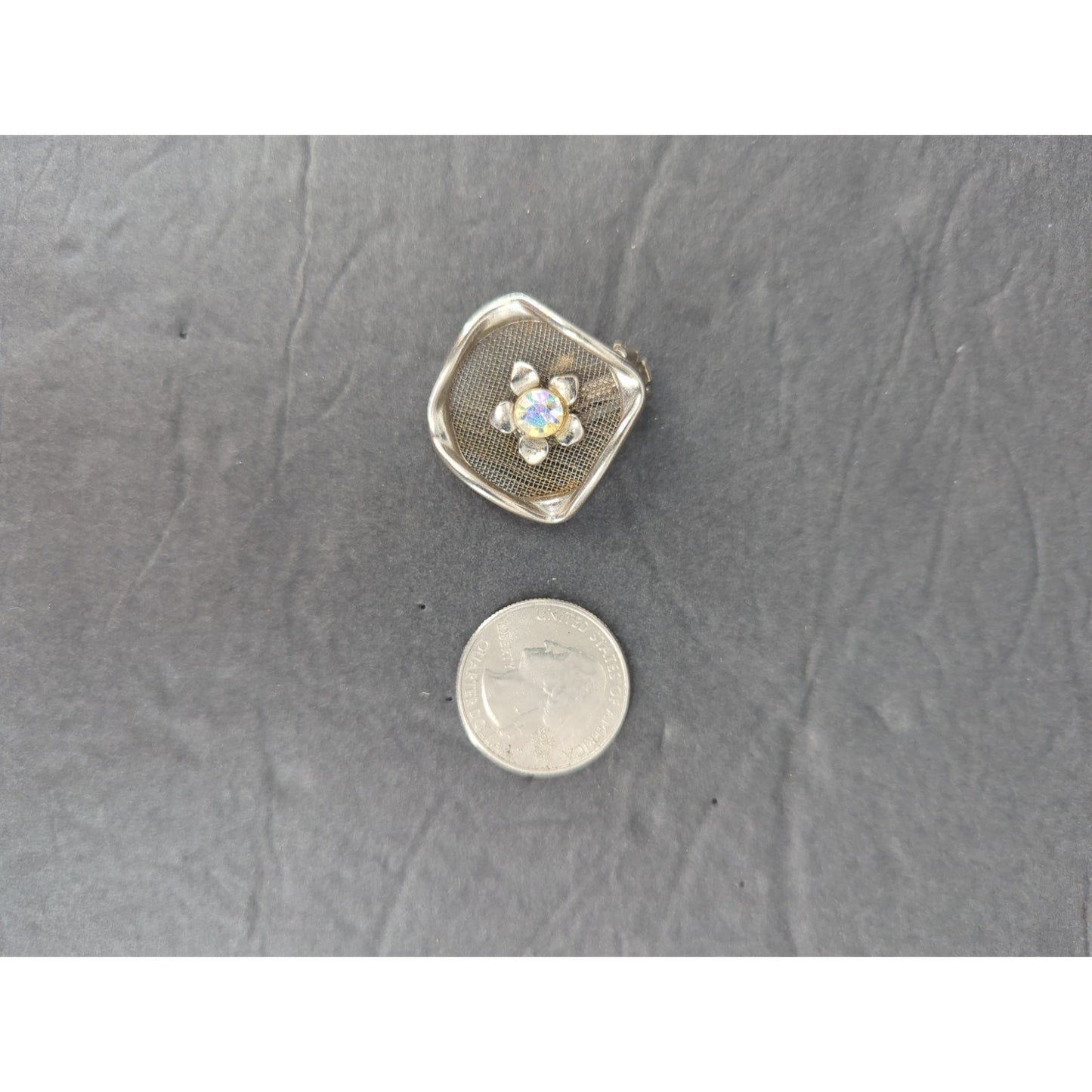 Vintage Silver Tone Mesh Oval Square Opalescent Flower Clip On Earrings Retro