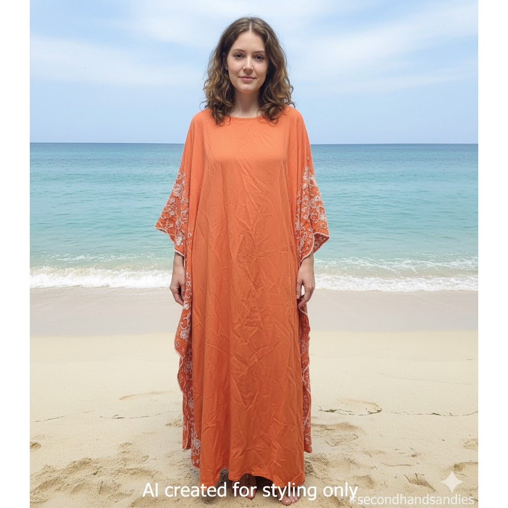 Cruise wear Orange Chiffon Embroidered Kaftan Maxi Dress One Size Boho Resort
