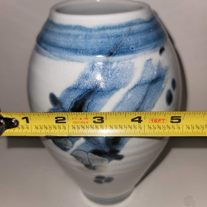 Cobalt Blue White Handmade art pottery vase signed flowers Approximately 9" x 5"