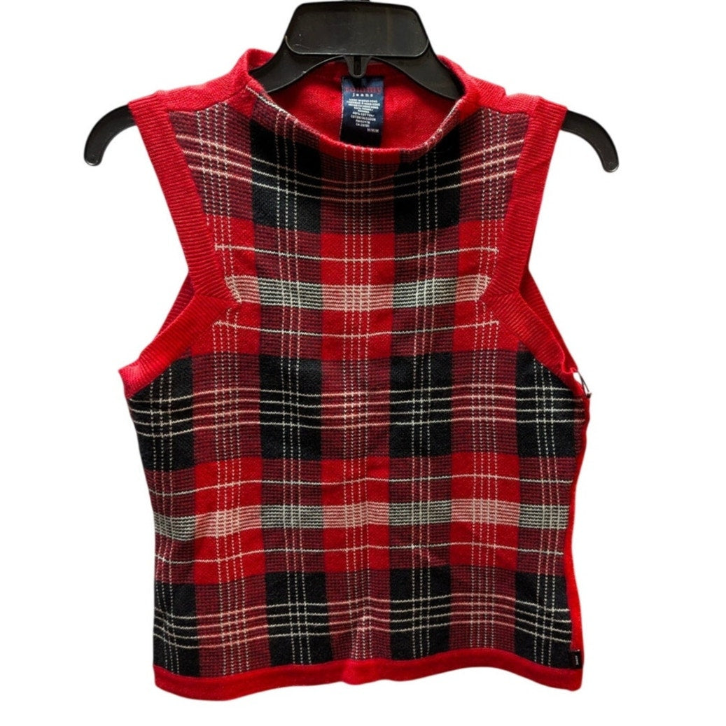 Tommy Jeans Vintage Red Plaid Mock Neck Sleeveless Sweater Vest Size Medium Y2K