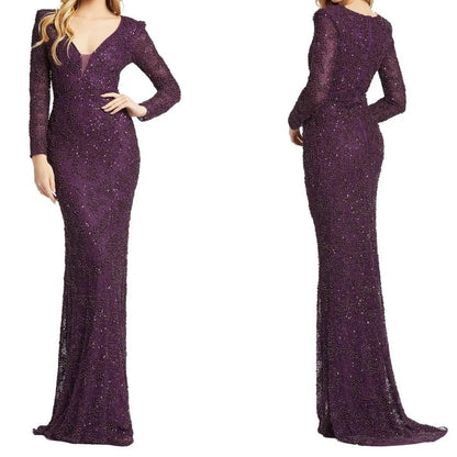 Mac Duggal Beaded Sequined Plunge Neck Evening Gown Style 5177D Sz 6 in Plum New