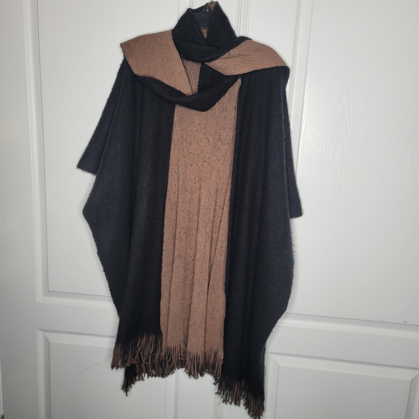 Shawl One Size Black Brown Reversible long Sweater Wrap Fringe Fuzzy Armholes