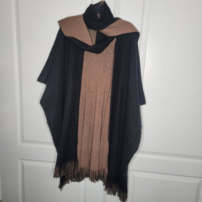 Shawl One Size Black Brown Reversible long Sweater Wrap Fringe Fuzzy Armholes