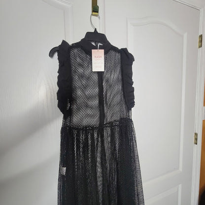 Good Time USA Black See-Thru Mesh Tiered Maxi Dress Womens Large Ruffle Sleeve