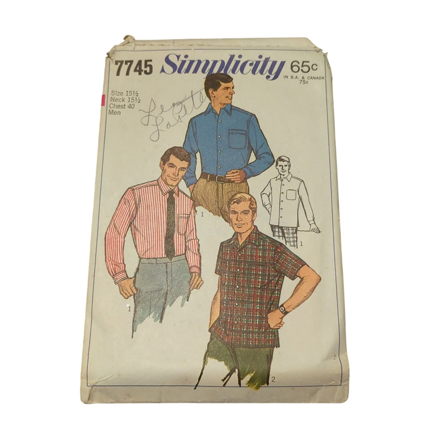 Vintage Sewing pattern Simplicity 7745 Size 15 1/2 Neck Chest 38 men's shirt