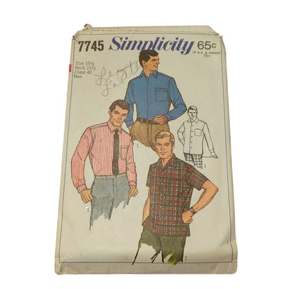 Vintage Sewing pattern Simplicity 7745 Size 15 1/2 Neck Chest 38 men's shirt