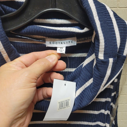 Socialite Cowl Neck Swing Dress Blue White Striped Pockets Size XS NEW Casual