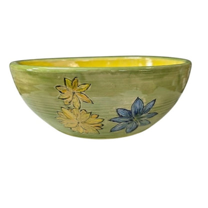 Handmade art pottery bowl Adorable floral motif large 9" clay glazed Signed