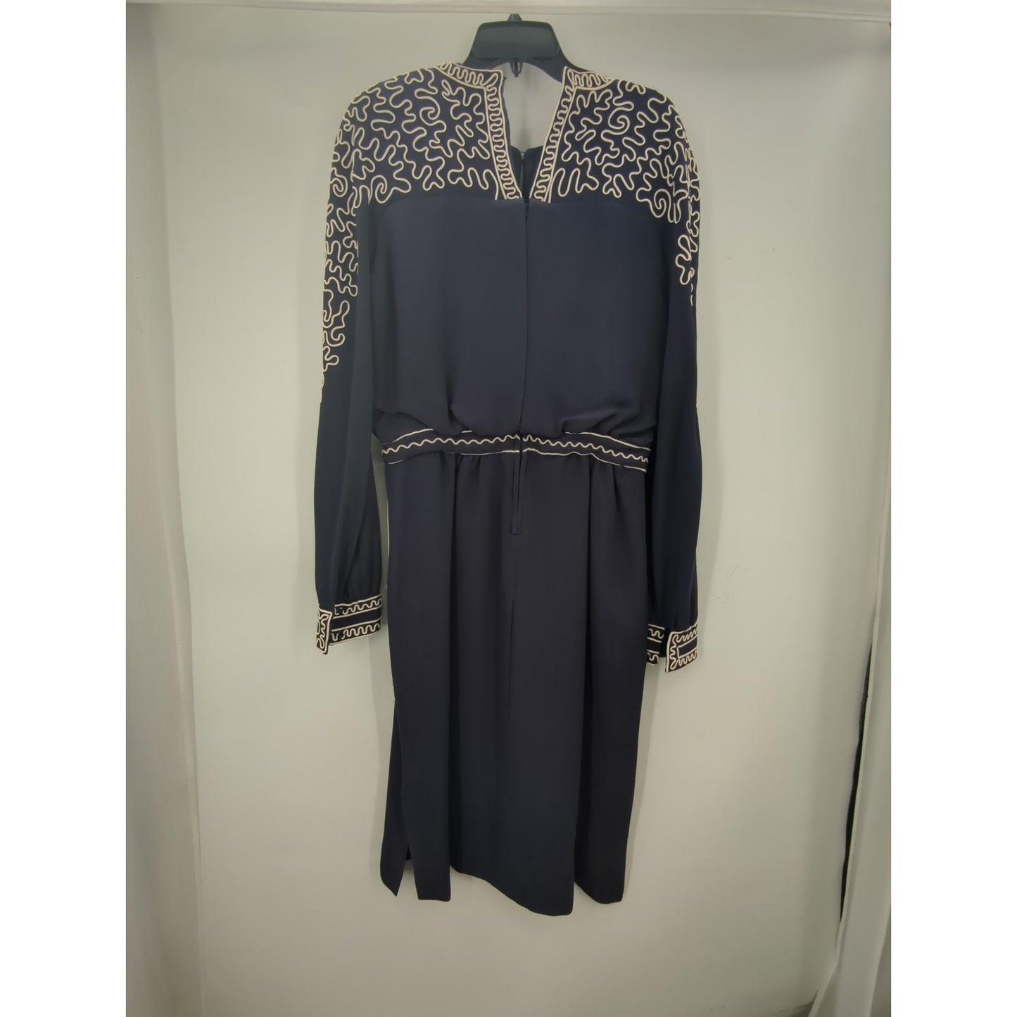 Margaret's Lubbock Texas Dress cinched waist Navy Soutache Church Wedding